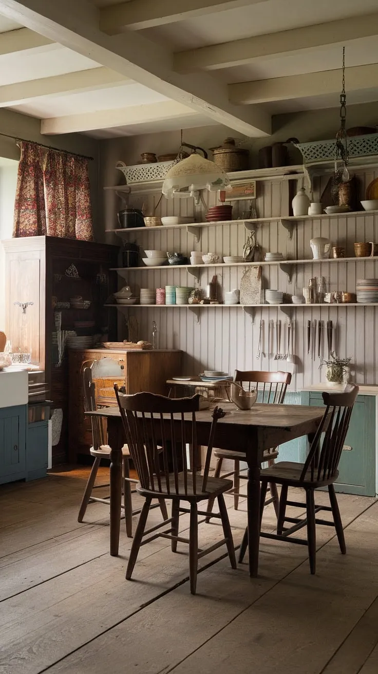 Step back in time to a charming Victorian farmhouse kitchen, where rustic wooden details and vintage furnishings create a nostalgic 1910s-1860s atmosphere.
