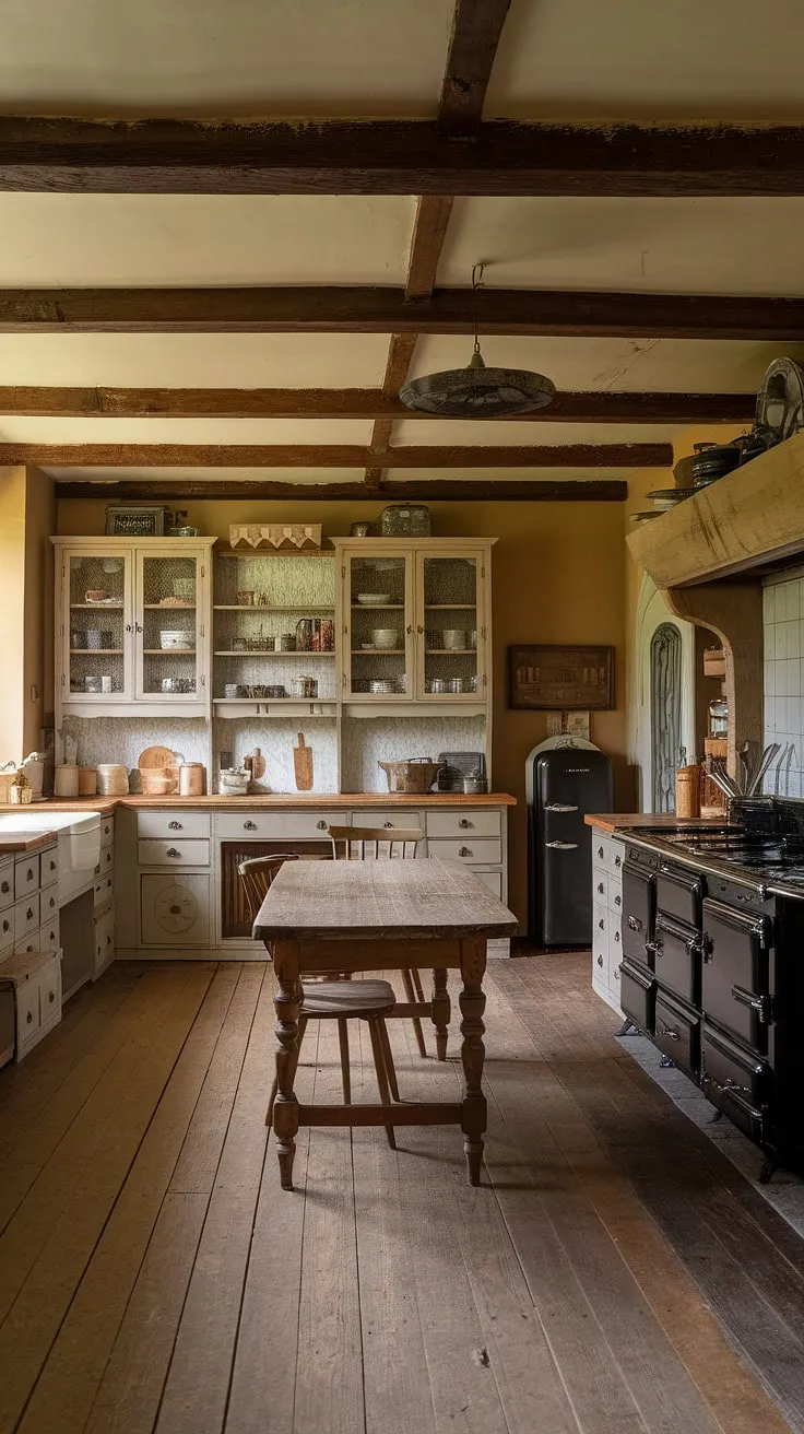 Cozy nostalgia fills this 1860s Victorian farmhouse kitchen, its wooden beams and antique cabinetry hinting at generations of home-cooked meals.