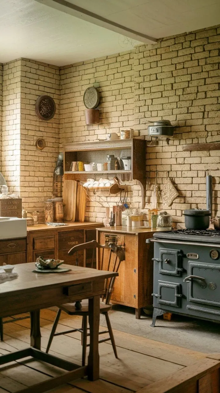 In this Victorian farmhouse kitchen, the rich scents and rustic charm of aged wood and cast iron evoke generations of family stories shared around a sturdy wooden table.