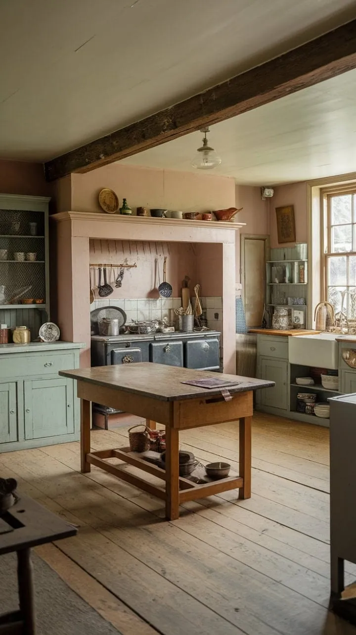 Step into this enchanting early 20th-century kitchen, where rustic charm and handcrafted details create a warm embrace for family gatherings and delightful home-cooked meals.