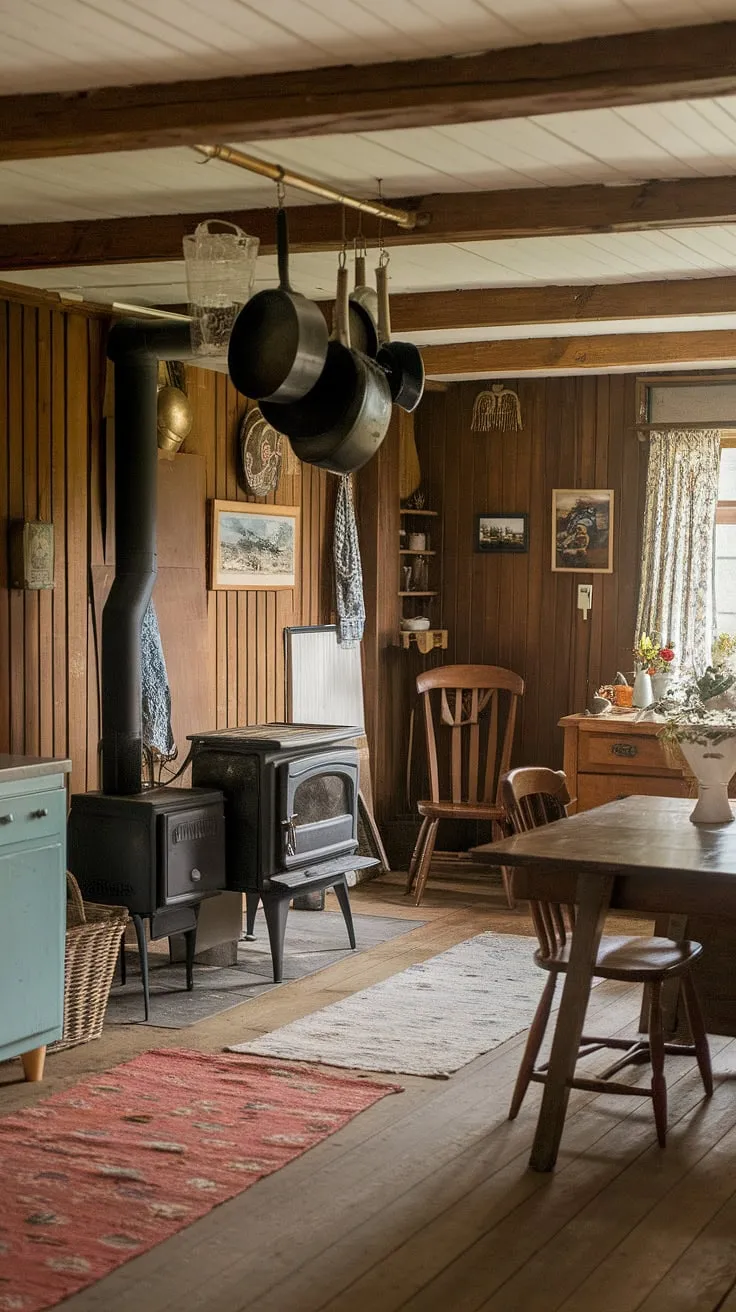 Warmth and rustic charm fill a traditional Victorian farmhouse kitchen, complete with wood stove and folk-style details.