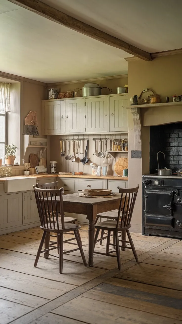Aged wooden planks and antique cookware create a captivatingly nostalgic kitchen scene.
