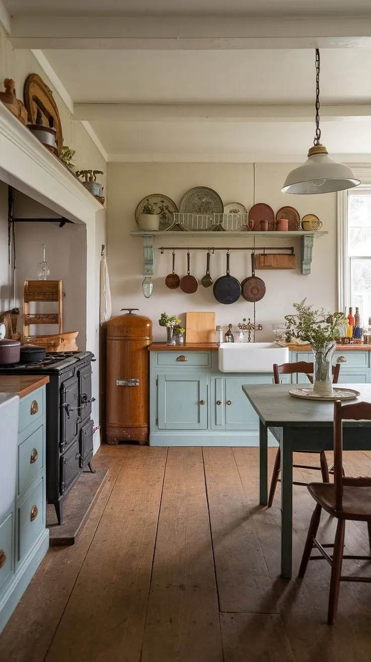 A classic Victorian farmhouse kitchen evokes warmth and timeless charm through its traditional layout and vintage appliances.
