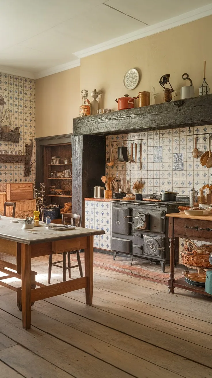 Evoking a bygone era, the Victorian farmhouse kitchen's charm lies in its traditional layout and vintage appliances.