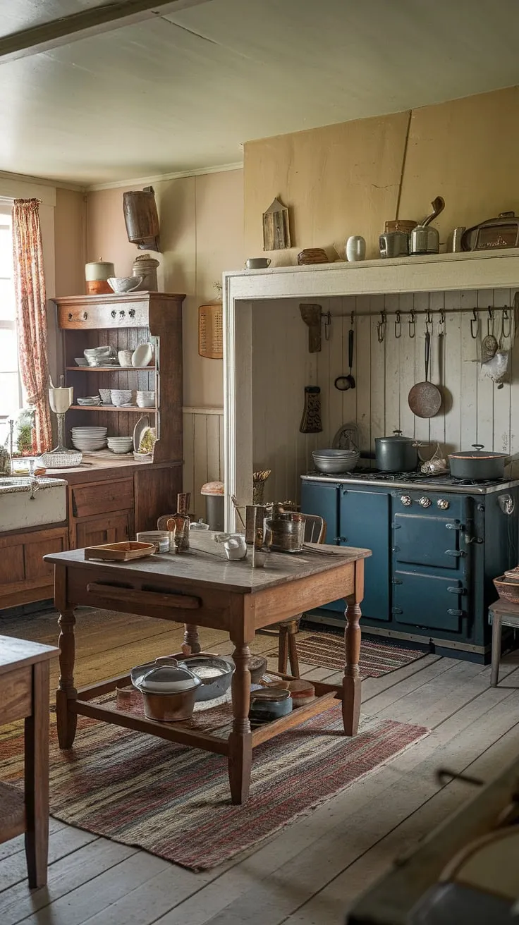 A vintage early 20th-century farmhouse kitchen exudes warmth and charm with its wooden table, stove, and antique cabinetry