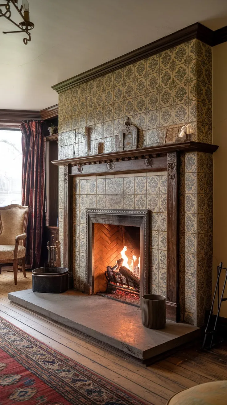 A crackling fire warms a Victorian living room, its ornate tiled fireplace a focal point of elegance.