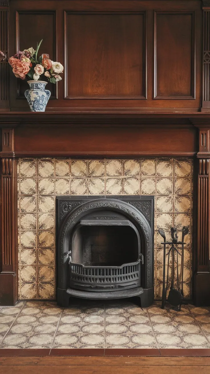 Elegant Victorian floral fireplace tiles evoke a bygone era