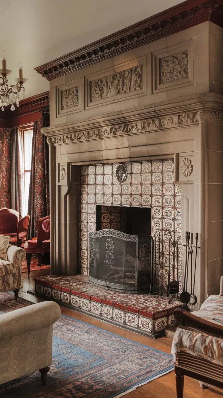 Elegant Victorian details, including a striking tri-color tiled fireplace, create a captivating living room scene