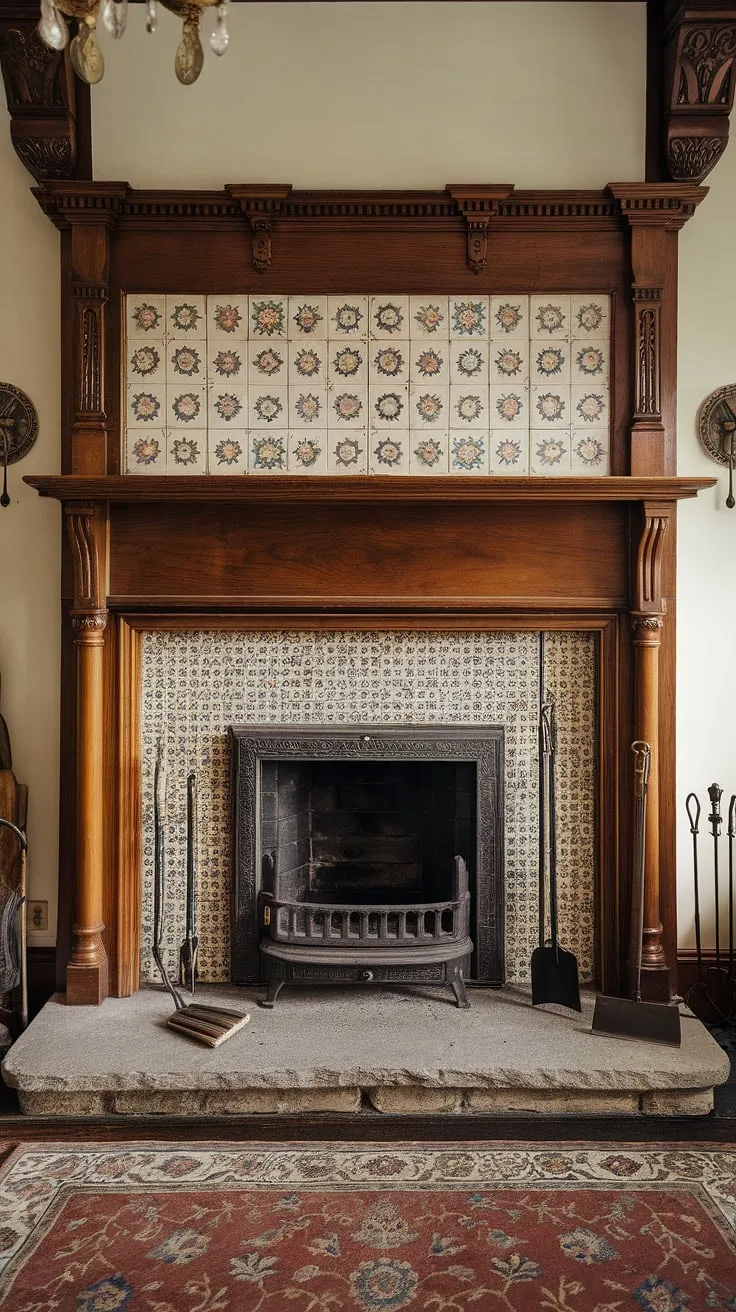 Ornate Victorian tiles and a stone hearth surround a wooden fireplace, the heart of a grand living room.
