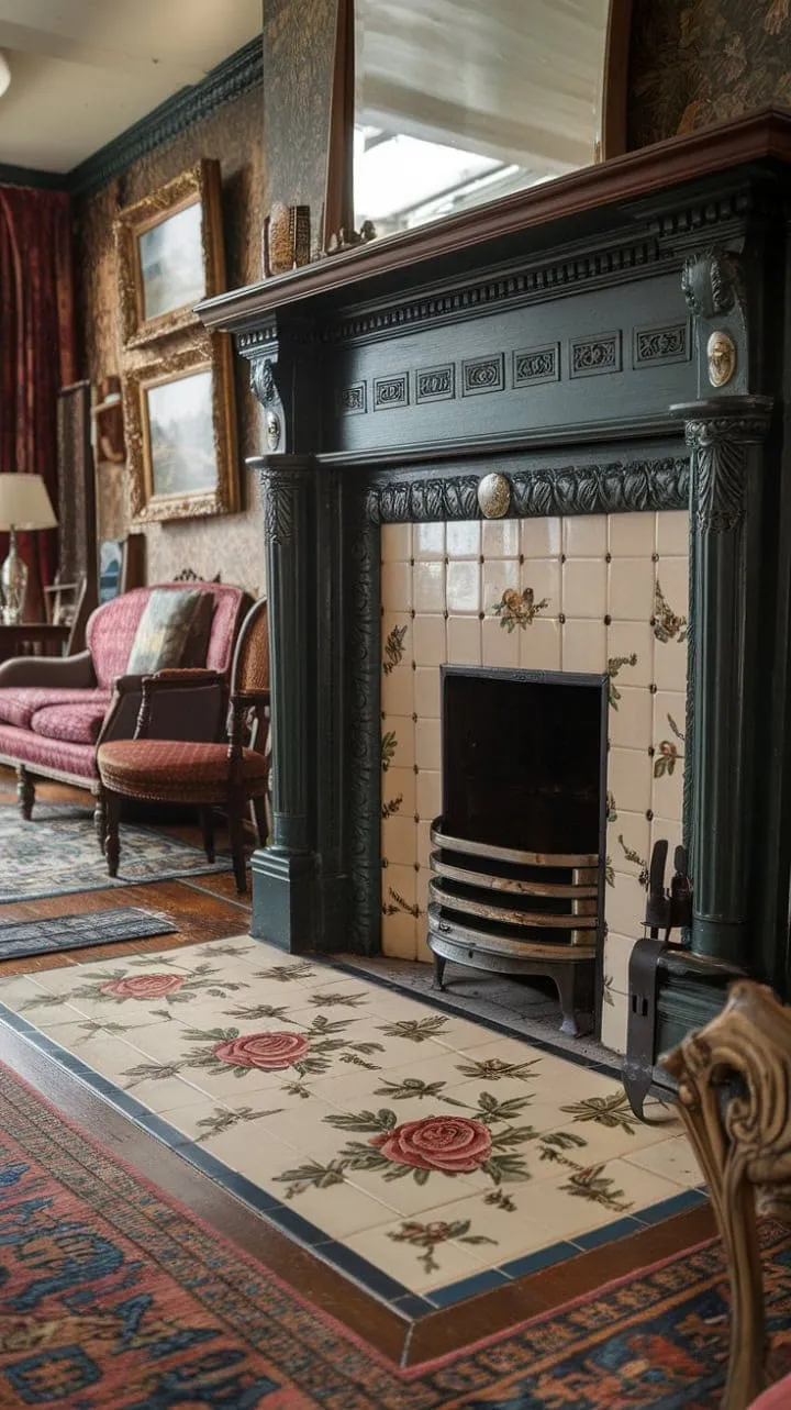 This Victorian-inspired retreat, featuring a beautifully carved dark green fireplace, exudes warmth and charm, beckoning you to immerse yourself in its captivating details.