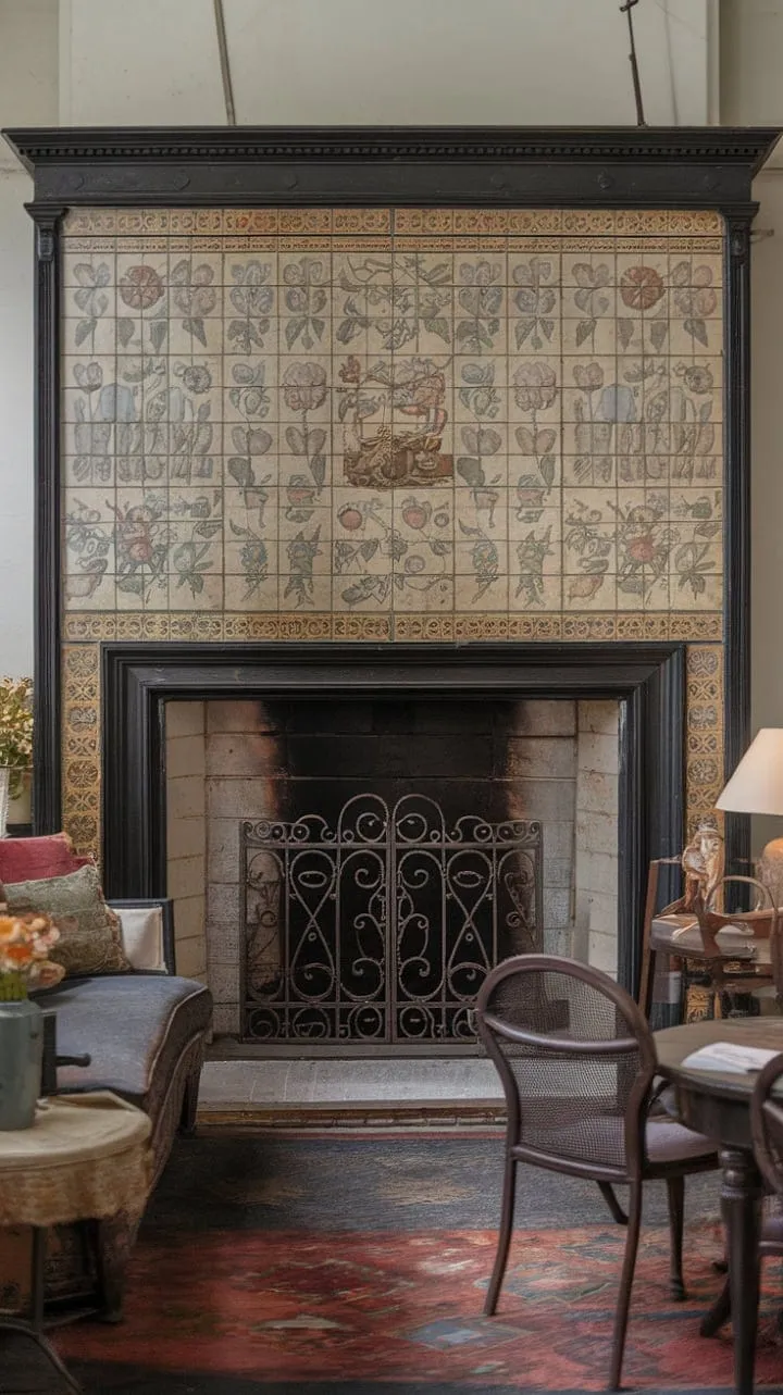 The elegantly tiled fireplace in this Victorian living room whispers tales of quiet grandeur amidst rich textures and warm lighting.