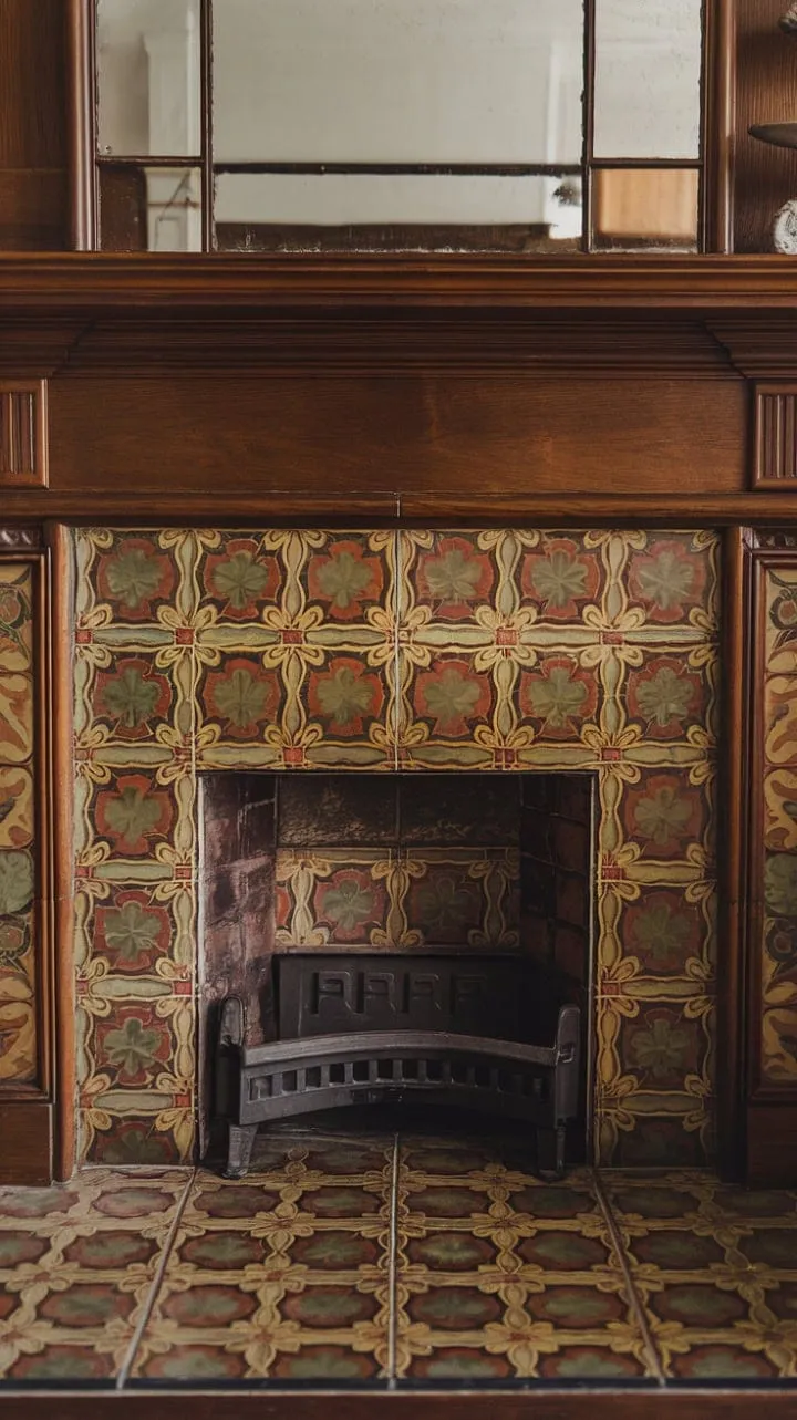 In this Victorian living room, vibrant floral tiles and rich wood harmonize with an antique mirror, creating a captivating echo of past elegance.