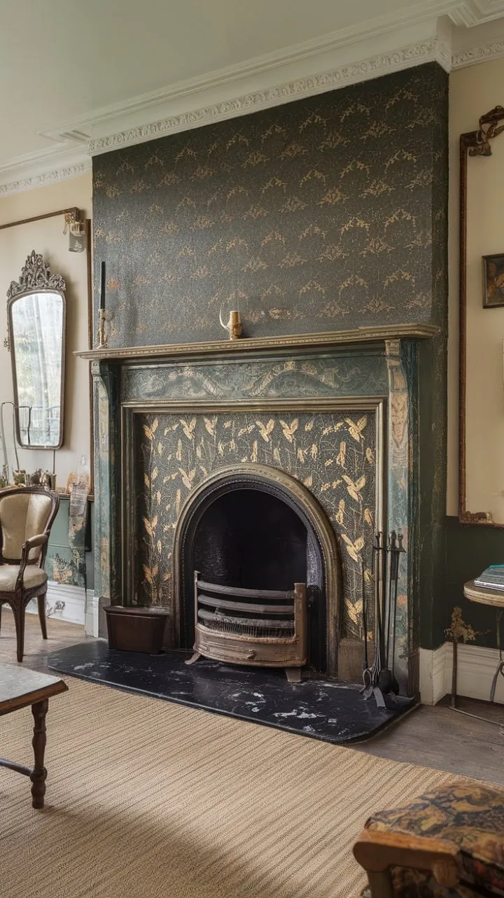 The Victorian fireplace, with its lush green and gold embellishments set against sleek black marble, creates a cozy yet elegant retreat for reflective moments.