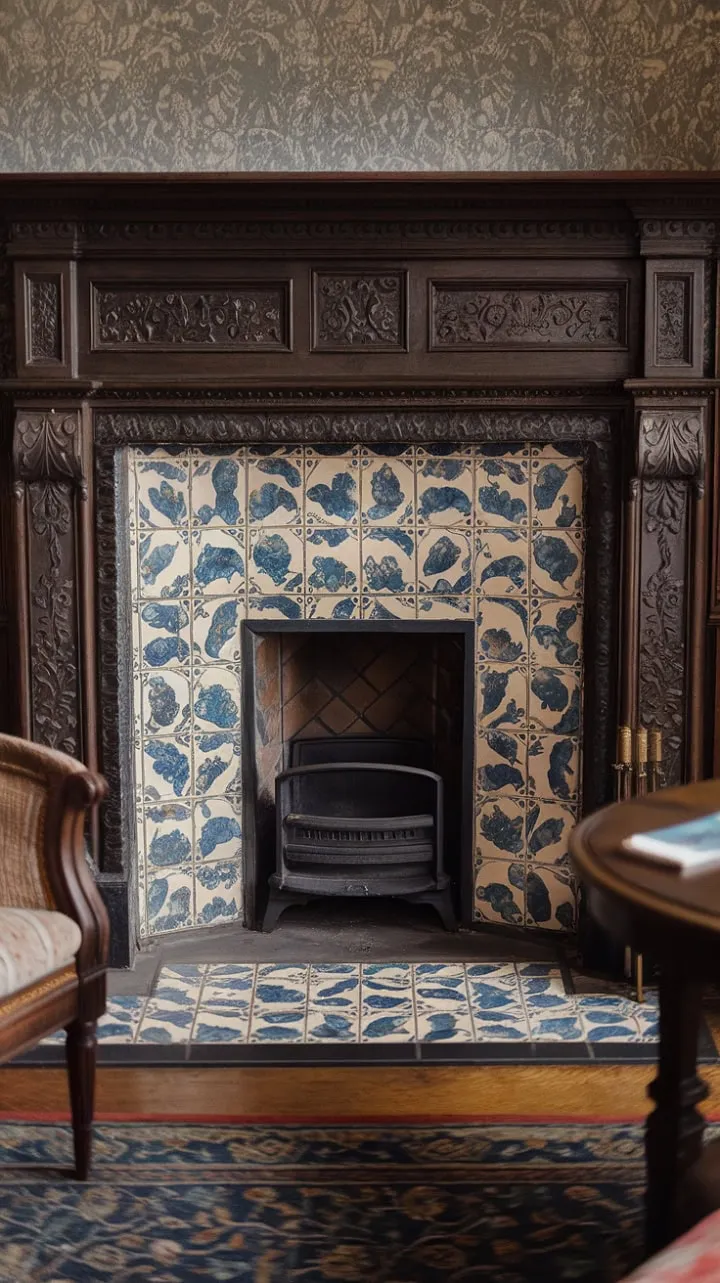 The Victorian fireplace enchants with its striking blend of dark stone and wood, adorned with vibrant floral tiles, embodying a perfect harmony of refined comfort and timeless elegance.