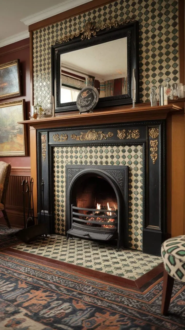 In a mesmerizing room, the crackling fire casts a warm glow on Victorian elegance, where ornate furnishings and gilded accents echo the whispers of a rich history.