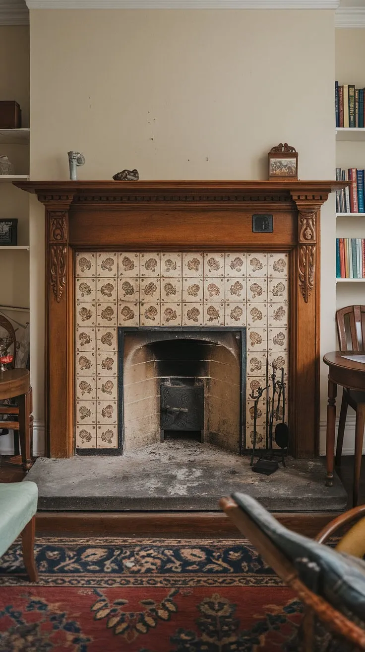 Elegant Victorian fireplace tiles adorned with floral patterns create a captivating focal point in a charming living room