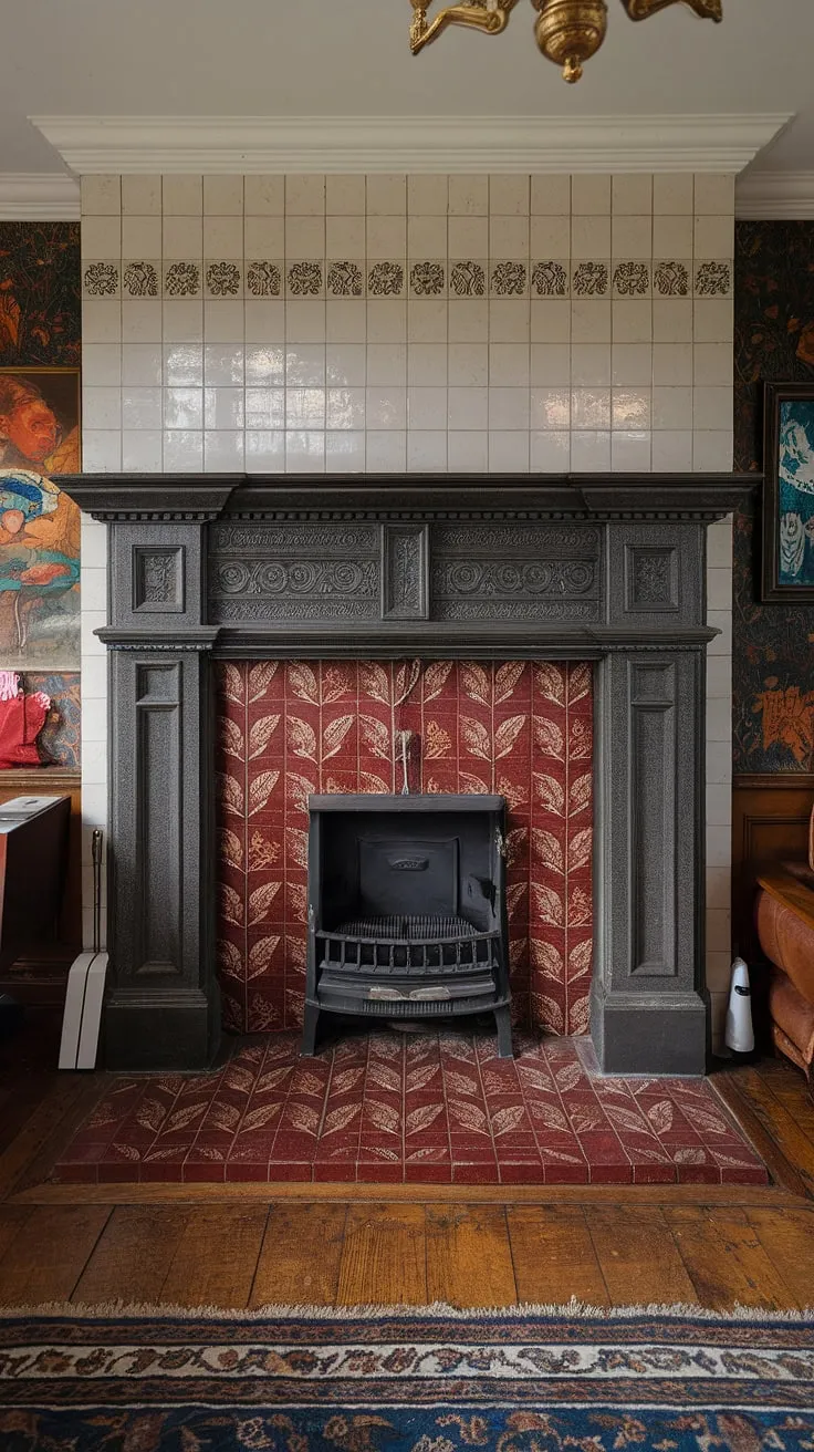Elegant Victorian details, including a dark stone fireplace with ornate tilework and a chandelier, create a captivating atmosphere.