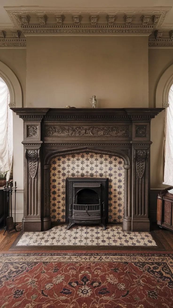 A grand Victorian fireplace, adorned with intricate stonework and vibrant tile, anchors a lavish living room.