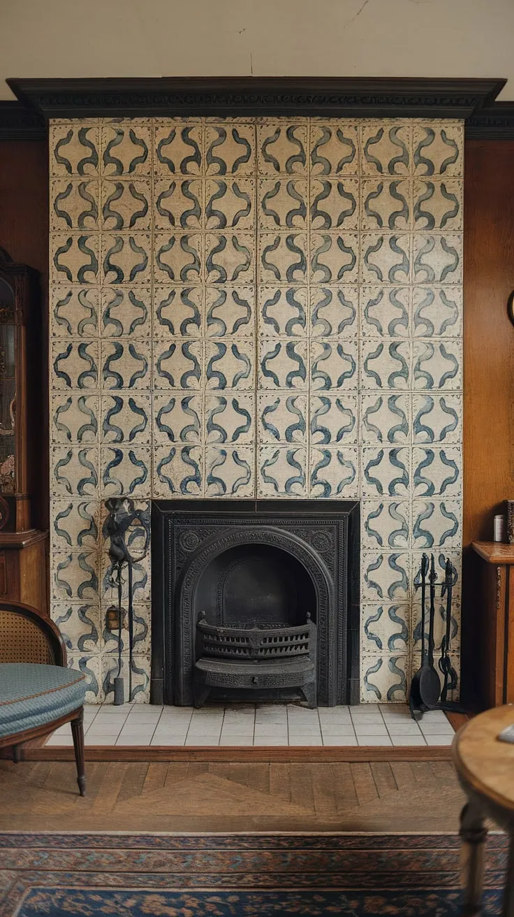 Intricate blue, green, and white Victorian fireplace tiles create a stunning focal point in a vintage living room.