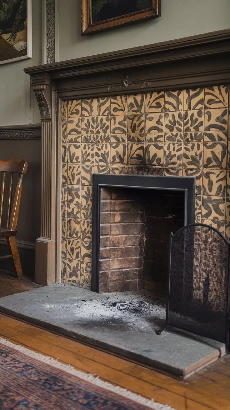 Ornate Victorian fireplace tiles and a stone hearth create a cozy focal point in a richly detailed living room.