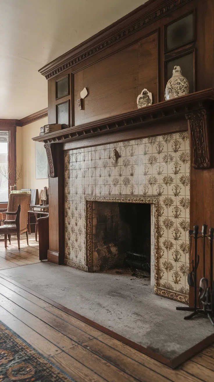 Elegant Victorian fireplace tiles showcase intricate floral designs in a charming living room