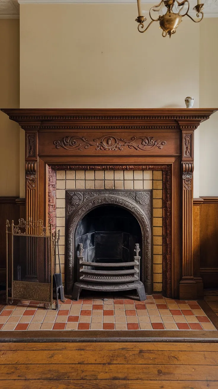 Intricate carvings and red-and-beige tiles adorn a Victorian fireplace, the centerpiece of a richly detailed living room.