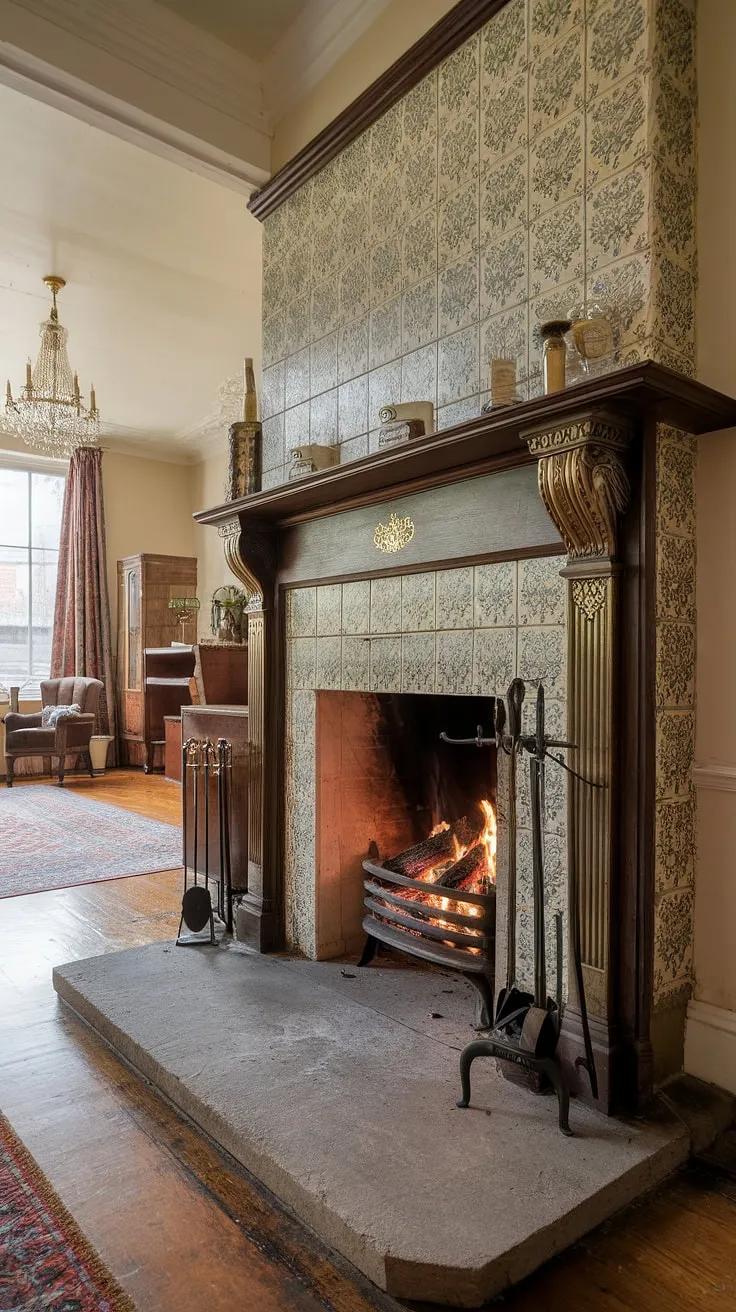 A warm fire glows in a grand Victorian fireplace, its brass fittings and floral tiles reflecting the room's opulent character.