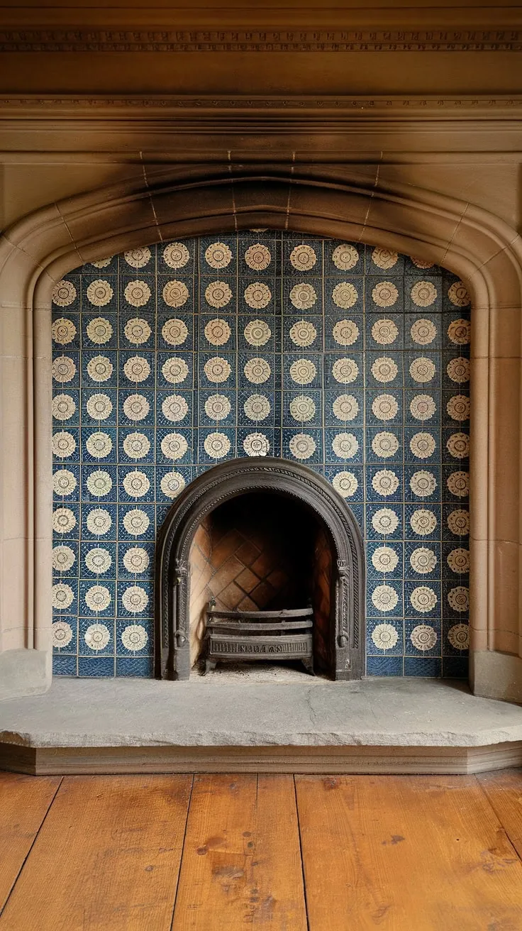 A vintage stone fireplace, adorned with intricate blue and white floral tiles, anchors a charming Victorian living room.