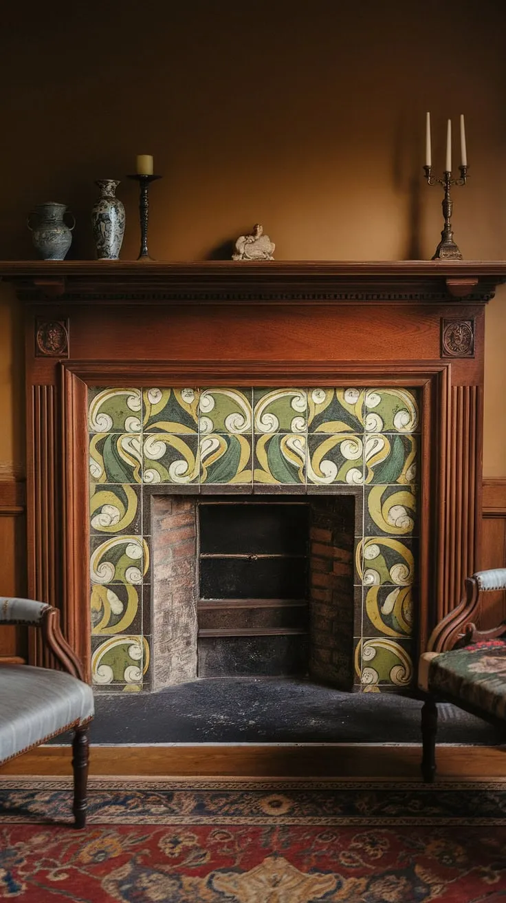 A vintage Victorian living room's focal point is its ornate fireplace, showcasing a captivating design of green, yellow, and white tiles.