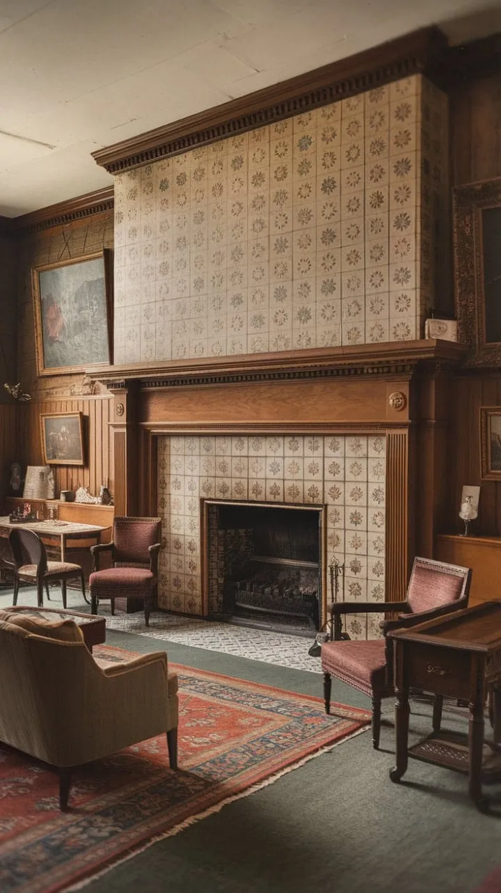 Step into this Victorian living room, where the ornate fireplace and soaring ceilings evoke the timeless elegance and cozy charm of a bygone era.