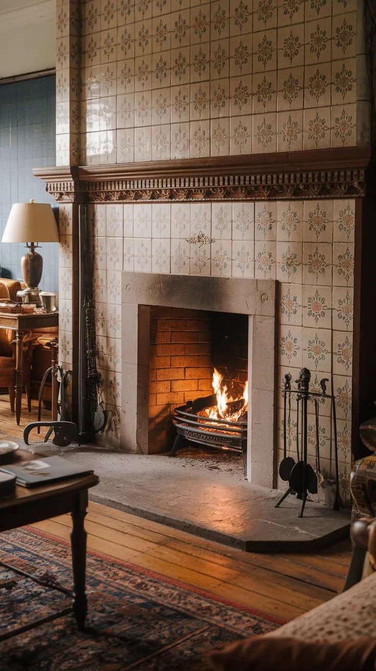 A crackling fire warms a Victorian living room, its ornate tiled fireplace a focal point of beauty and comfort.