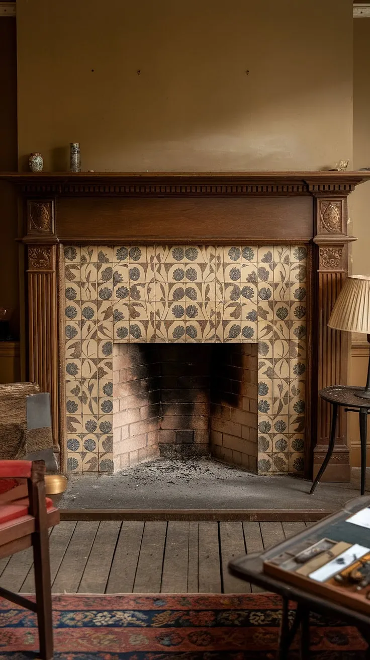Ornate Victorian fireplace tiles and a stone hearth anchor a cozy living room scene.