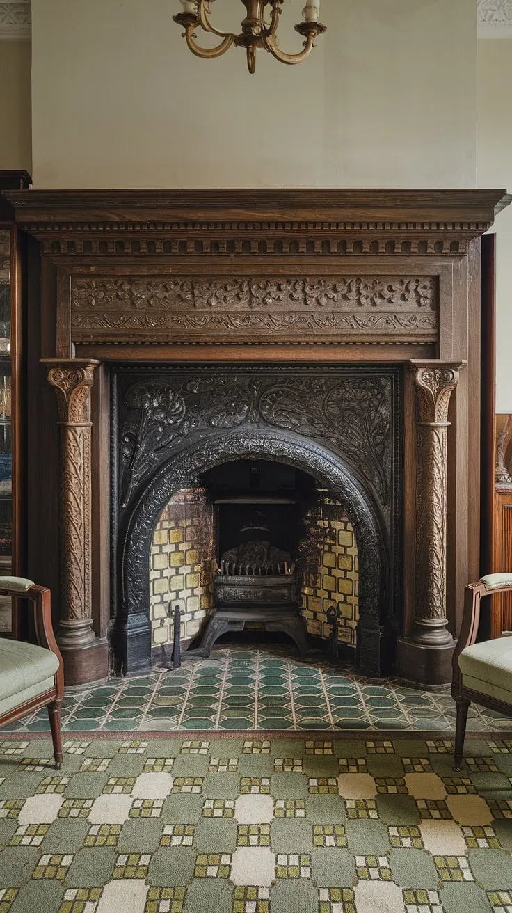 Ornate carvings and patterned tiles highlight a Victorian fireplace's grandeur in a richly decorated living room.