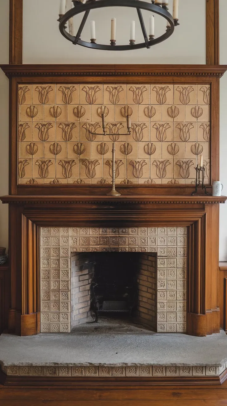 A grand Victorian fireplace, adorned with ornate floral tiles and a brass candlestick, anchors a high-ceilinged living room bathed in chandelier light.