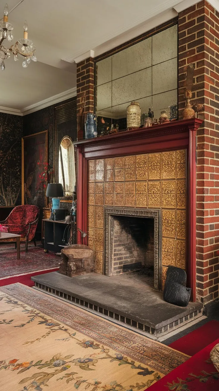 Elegant Victorian details, including a richly adorned brick fireplace, create a captivating living room scene