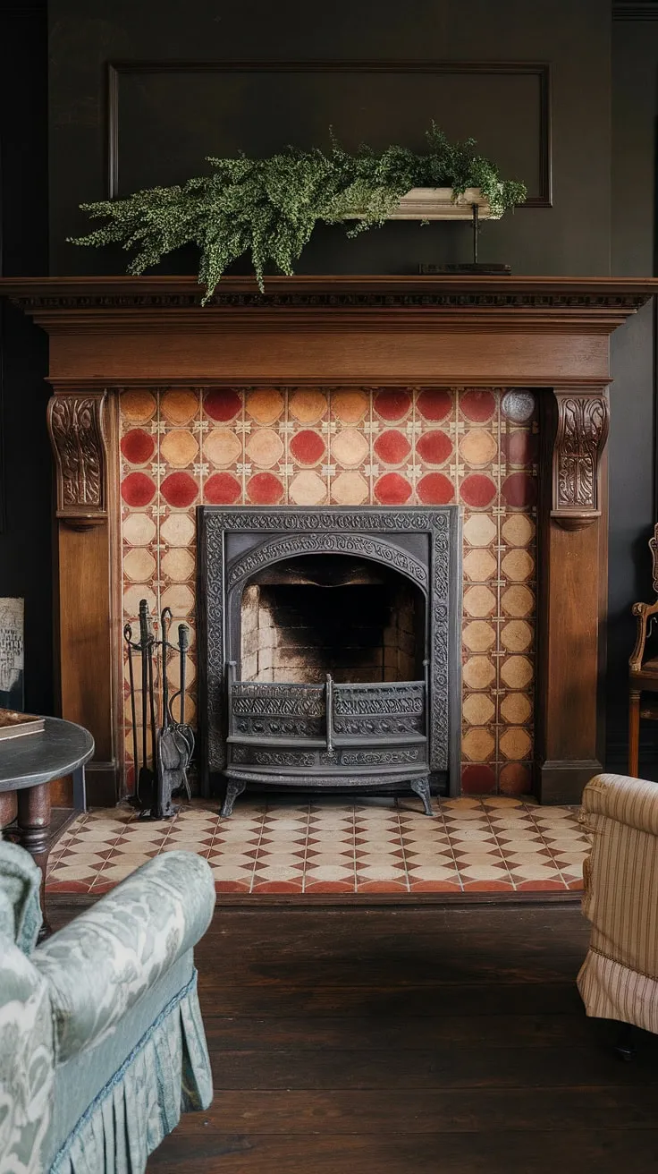A vintage fireplace is the stunning centerpiece of a darkly elegant Victorian-style living room.