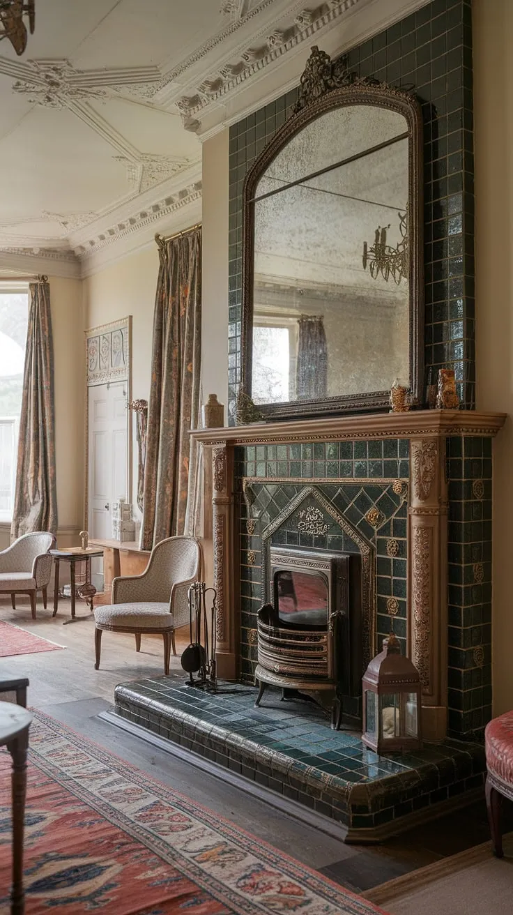 Ornate dark green and gold Victorian fireplace tiles, a grand mirror, and lavish surroundings create a stunning focal point in this high-ceilinged living room.