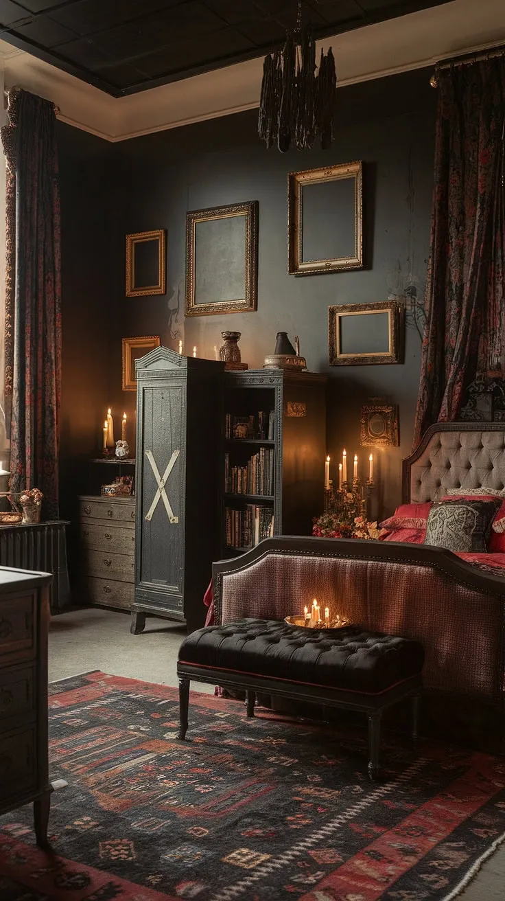 Crimson velvet drapes and antique gold accents frame a haven of dark academia. A sanctuary of shadows and secrets, this Victorian gothic bedroom is a testament to opulent mystery. A space where history breathes and dreams take flight.