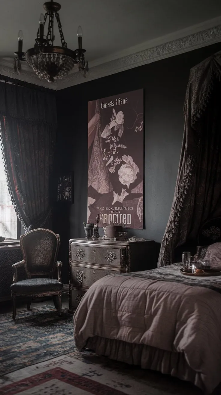 Lost in the shadows of a Victorian dream, where antique furniture whispers tales of forgotten romances and the chandelier casts a dramatic glow on classic literature. A sanctuary of dark academia, a haven for the soul. A perfect escape.