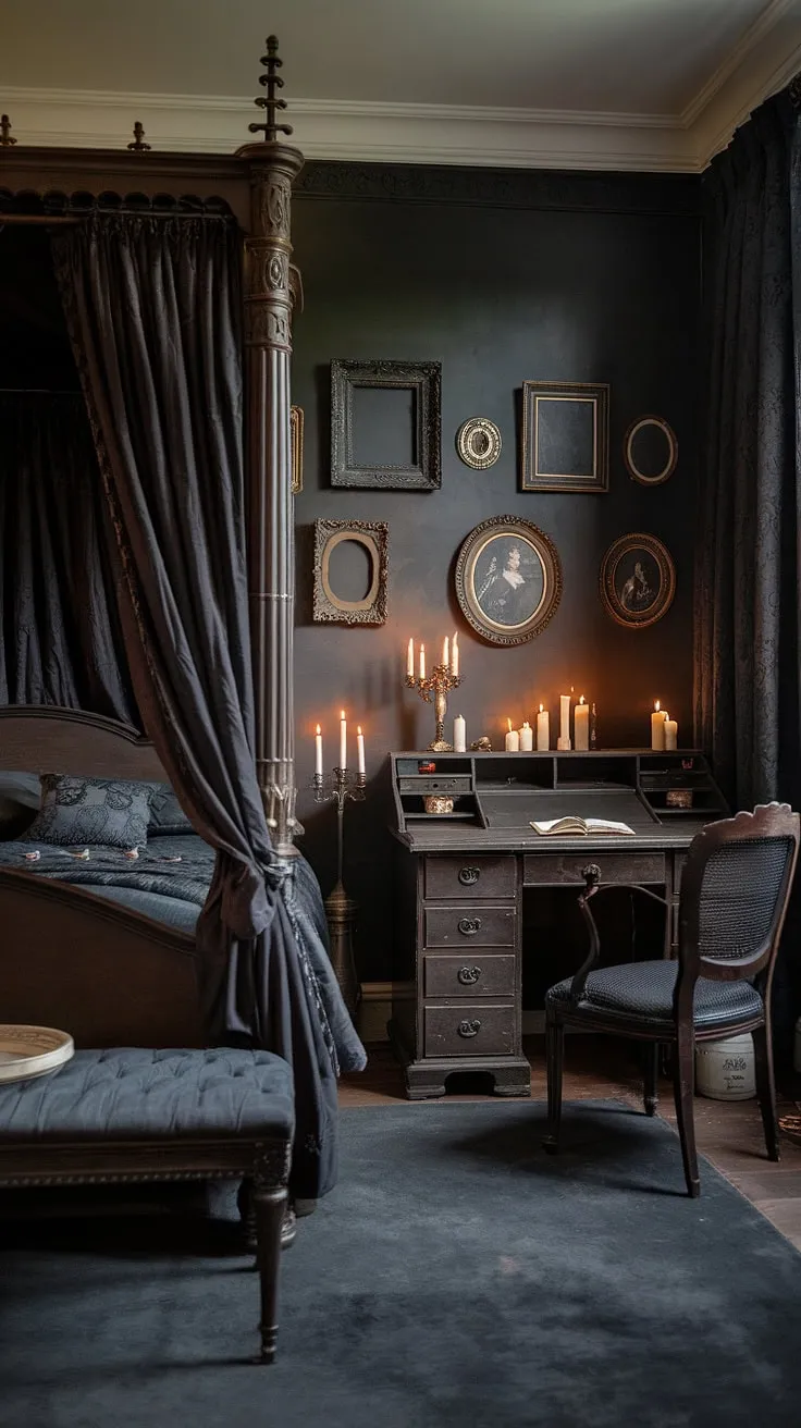 The air hangs heavy with the scent of old books and flickering candlelight. A haven of gothic romance, this dark academia bedroom is a testament to timeless elegance, a place where imagination thrives and the past finds its voice. A perfect escape from the mundane.