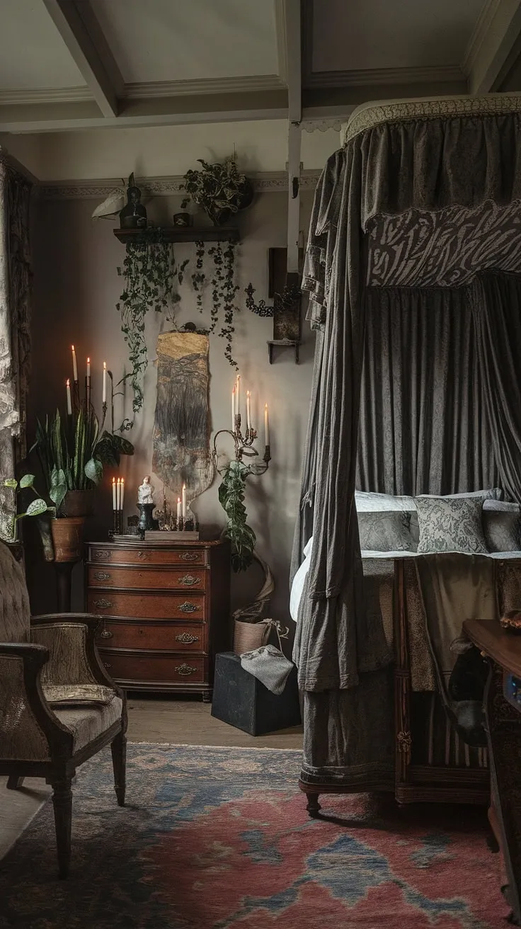 Lost in the pages of a forgotten story, this Victorian Gothic bedroom whispers tales of midnight oil and scholarly pursuits. The air hangs heavy with the scent of old books and flickering candlelight, a sanctuary for the mind where imagination reigns supreme. A haven of dark academia, meticulously curated for contemplation and quiet study.