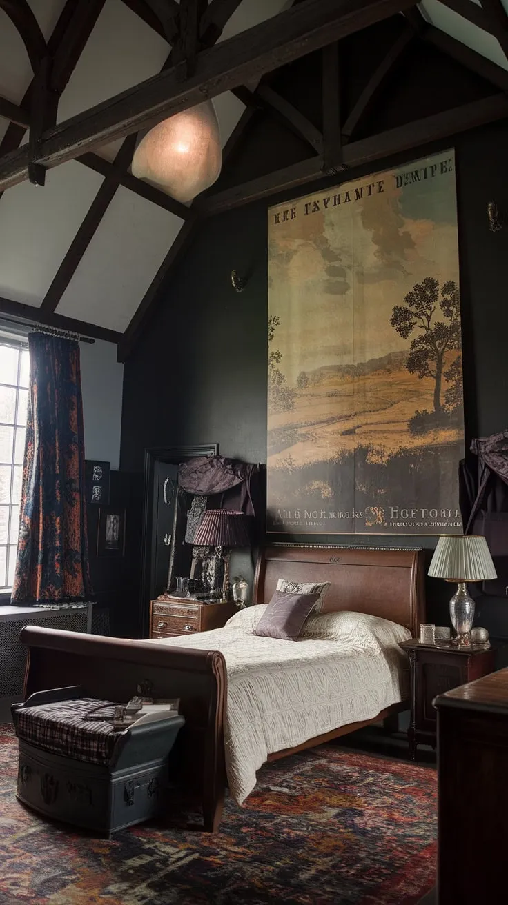 Lost in the pages of a bygone era, this Victorian Gothic bedroom whispers tales of forgotten romances and scholarly pursuits. The high ceilings and exposed beams create an atmosphere of quiet contemplation, perfectly complemented by the antique decor and a landscape that seems to stretch beyond the very walls themselves. A sanctuary of dark academia, it's a space where imagination thrives.