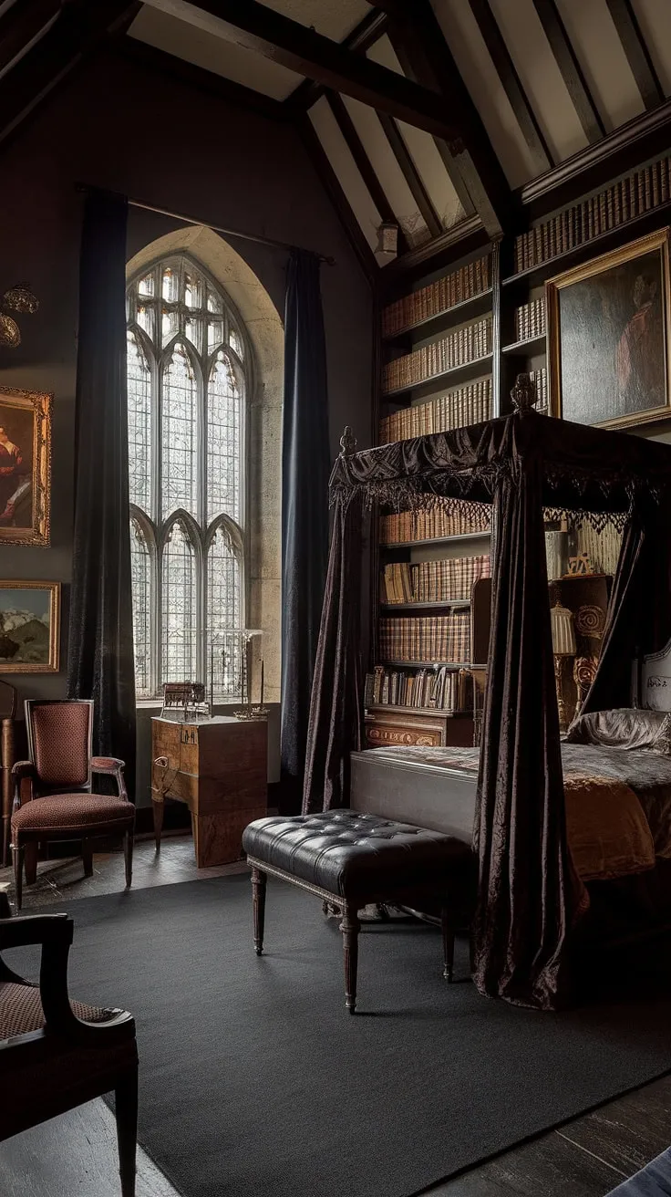 Lost in the shadows of a bygone era, this Victorian Gothic bedroom whispers tales of forgotten scholars and midnight musings. The stained-glass window casts an ethereal glow, illuminating the antique books and paintings that line the walls, creating an atmosphere of captivating mystery. A haven for quiet contemplation, it's a space where imagination thrives.