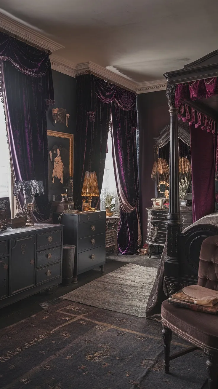 This darkly romantic bedroom, a testament to Gothic grandeur, invites you to step into a world of mystery and intrigue. The deep purples, blacks, and golds create a captivating ambiance, while the antique furniture and ornate details speak of a life lived with passion and intensity. A place of quiet reflection, it's a sanctuary for the soul.