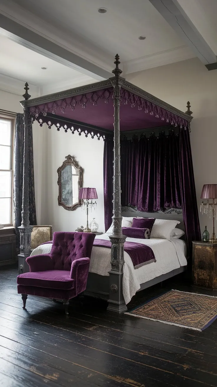 Lost in the opulent shadows of a Victorian goth bedroom, where dark academia whispers secrets from the velvet drapes and antique lamps cast a warm glow on the plush purple furnishings. A sanctuary of brooding romance, this space is a testament to refined darkness.
