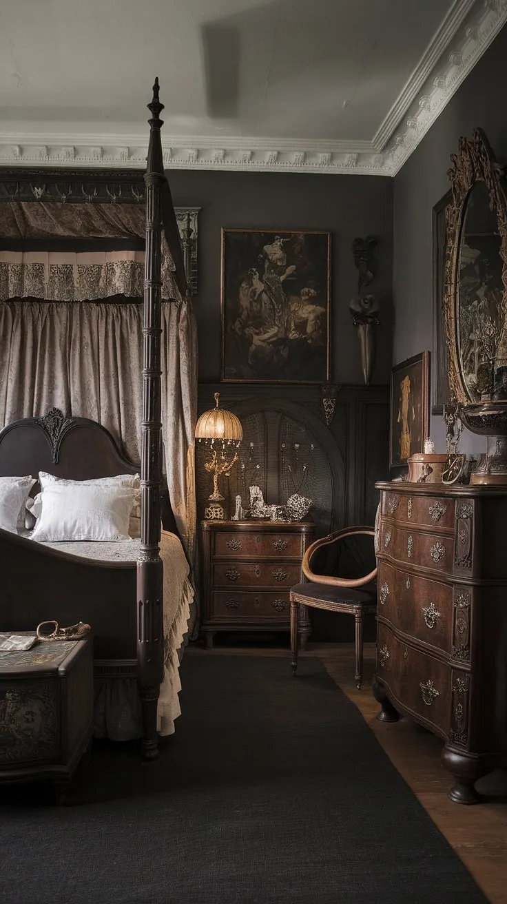 This room breathes history. Dark wood whispers tales of bygone eras, while the soft white linens offer a touch of ethereal grace. A sanctuary of gothic romance, it's a place where shadows dance and creativity thrives, a testament to the enduring allure of the past, beautifully reimagined for a modern soul.