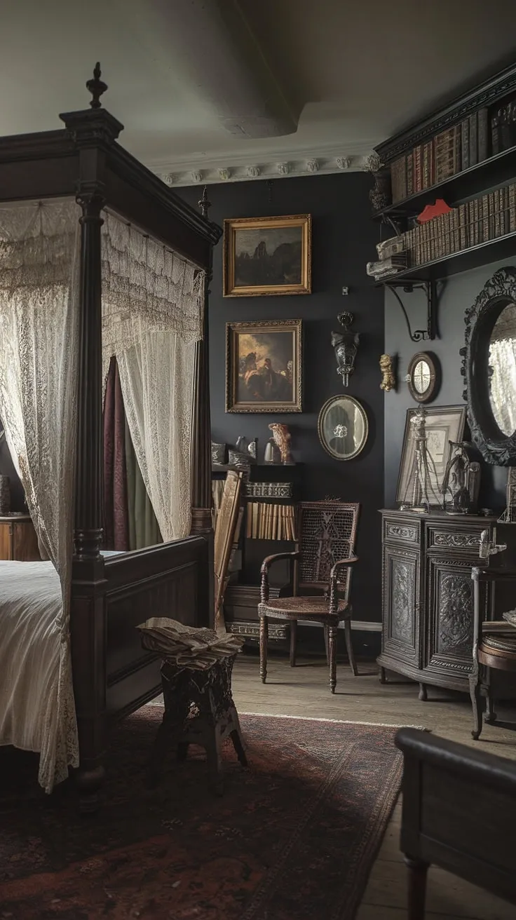 This dimly lit haven, a sanctuary of dark academia and Victorian goth, invites contemplation. Intricate carvings, aged books, and the whisper of lace curtains create an atmosphere of mystery and quiet elegance, a space where imagination thrives in the shadows.