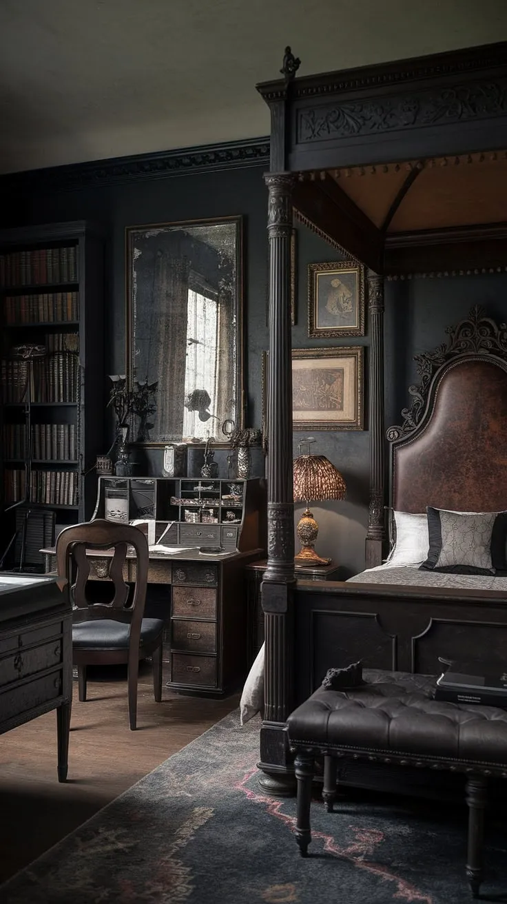 Lost in the shadows of a Victorian gothic dreamscape, where dark academia whispers secrets from gilded pages and antique furniture holds centuries of untold stories. The air hangs heavy with the scent of old books and forgotten magic, a sanctuary of brooding beauty.