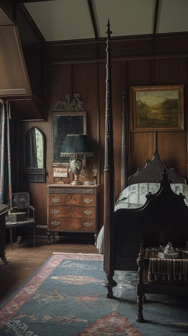 Lost in the shadows of a bygone era, this Victorian Gothic bedroom whispers tales of forgotten romances and scholarly pursuits. The rich wood paneling, antique mirrors, and the imposing four-poster bed create an atmosphere of both mystery and comfort; a sanctuary where imagination thrives. A perfect space for quiet contemplation and the pursuit of knowledge.