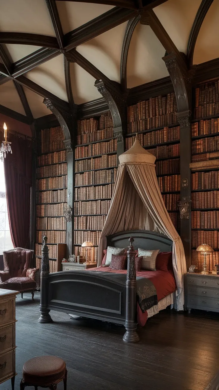 Lost in the pages of time, this Victorian Gothic bedroom whispers tales of forgotten romances and scholarly pursuits. The rich textures, from the leather-bound books lining the walls to the dark wood of the four-poster bed, create an atmosphere of captivating mystery. A sanctuary for the soul, where dreams are spun from midnight oil and whispered secrets.